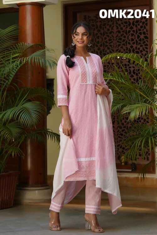 BEAUTIFUL DESIGNER COTTON STRAIGHT KURTI PAIRED WITH BEAUTIFUL COTTON PANT AND CHIFFON DUPATTA